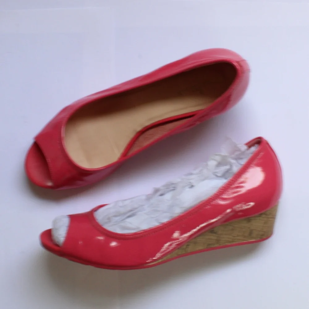 Cole Haan Pink Patent Leather Peep-Toe Wedges with Cork Heel - Picture 4 of 16